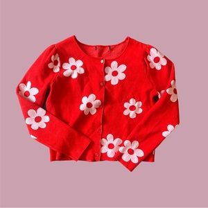 Retro Red & Pink Daisy Cropped Cardigan Raw Hem